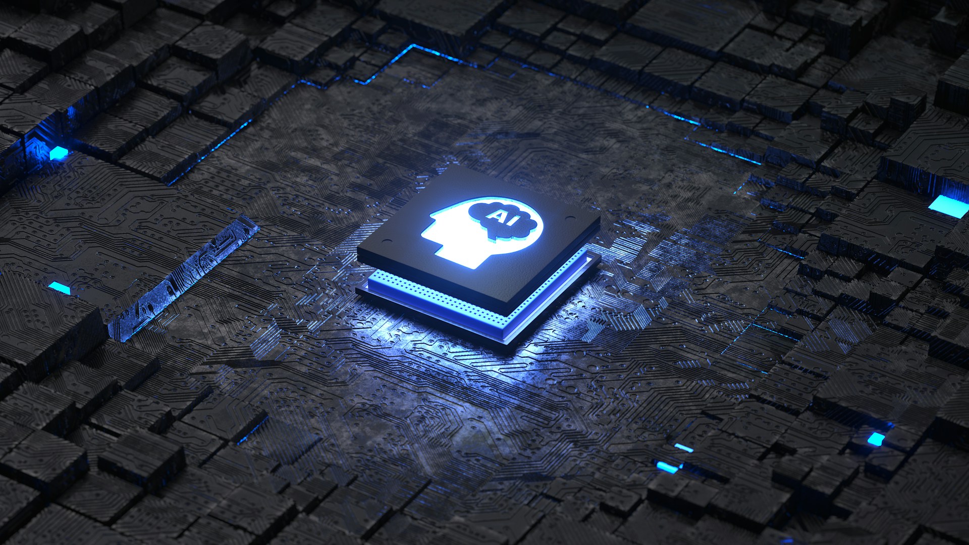 A glowing blue AI chip with a head and brain icon is embedded in a complex, dark circuit board, representing the use of AI in recruitment and the underlying technology.