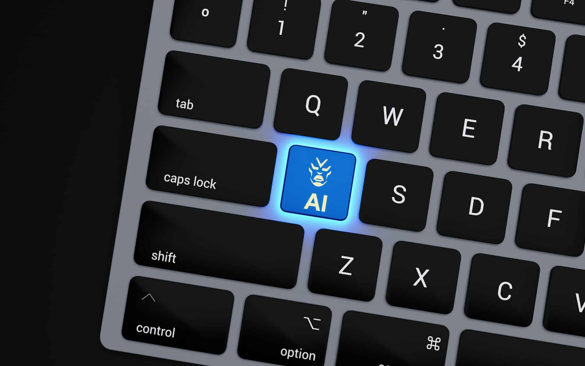 The lower left corner of a computer keyboard with black keys on a grey background and an AI key that is glowing blue, representing AI performance reports and the potential risks of wrongful dismissal.