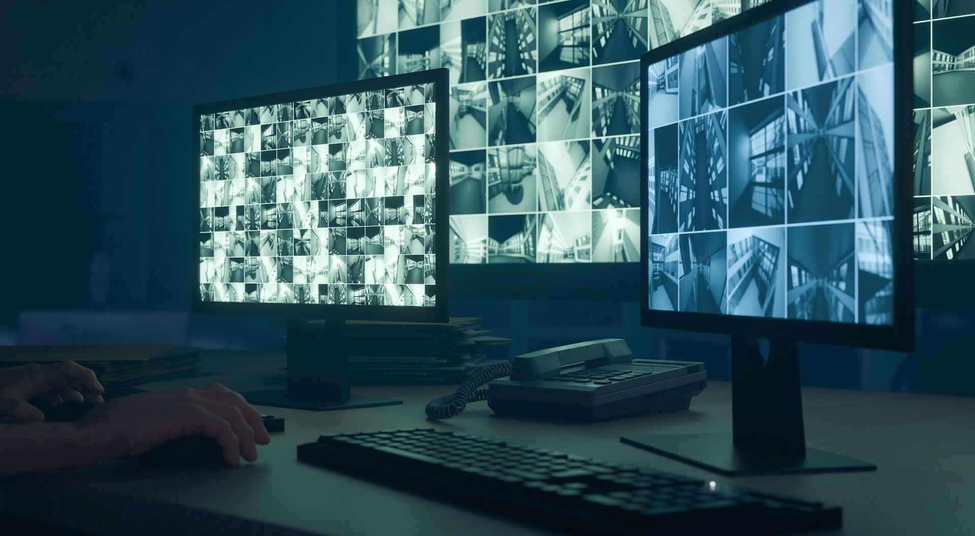 Surveillance images on multiple computer screens representing workplace surveillance and electronic monitoring in Ontario.