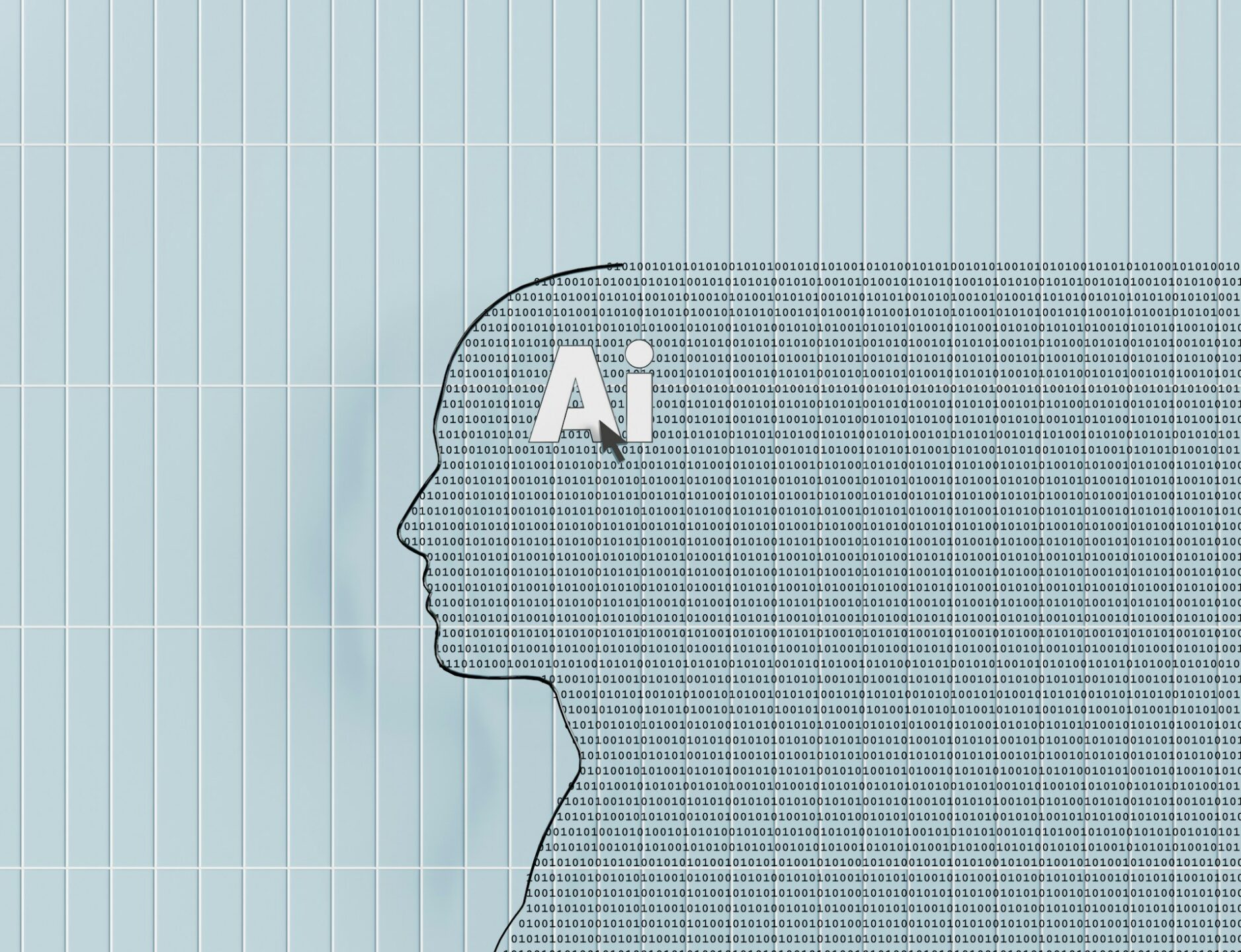 The outline of a human profile filled with binary code and the letters Ai against a grey tile background, representing AI disclosures in Ontario job postings.